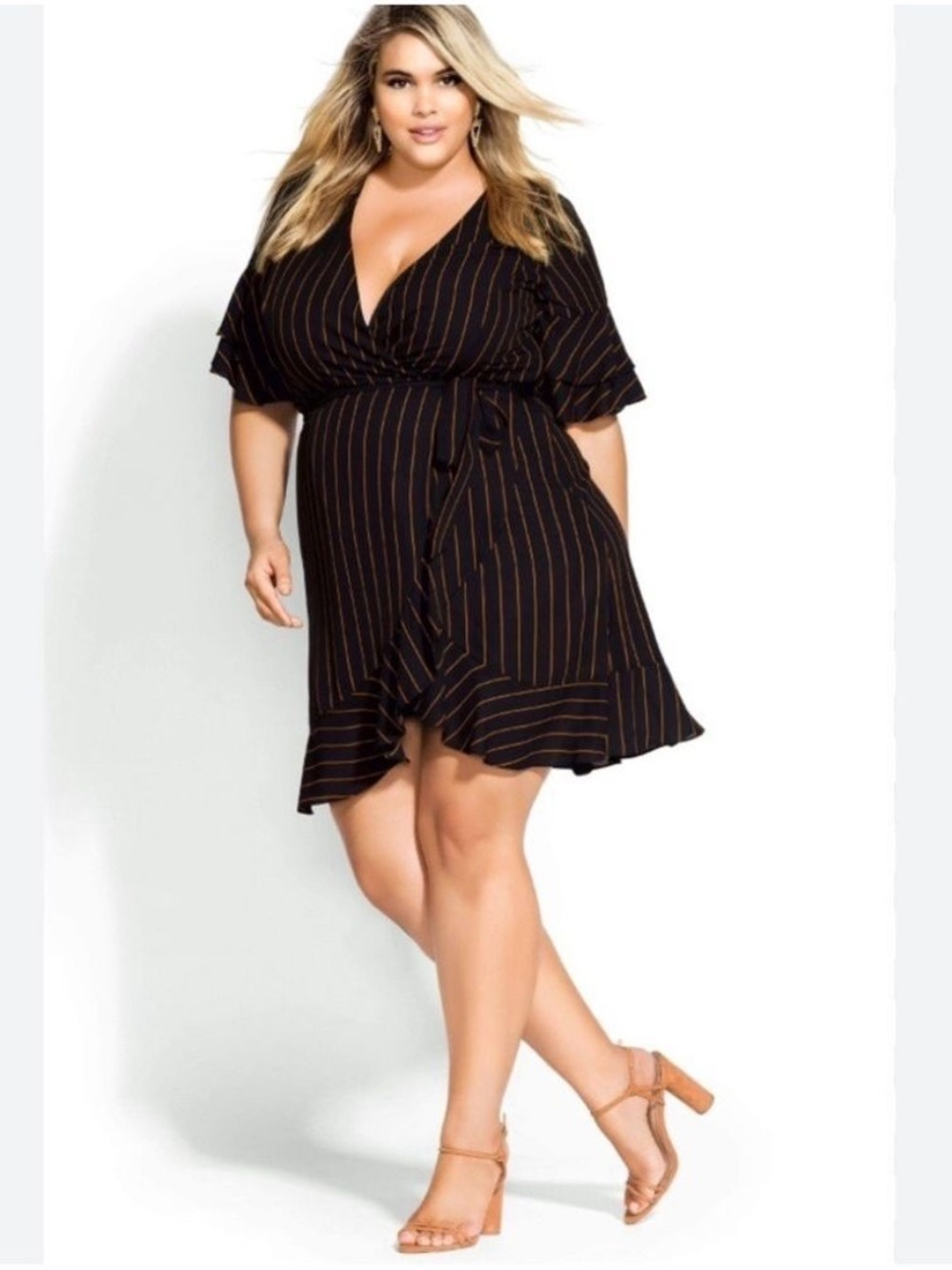 City Chic Golden Stripe Wrap Front Dress - Size 14